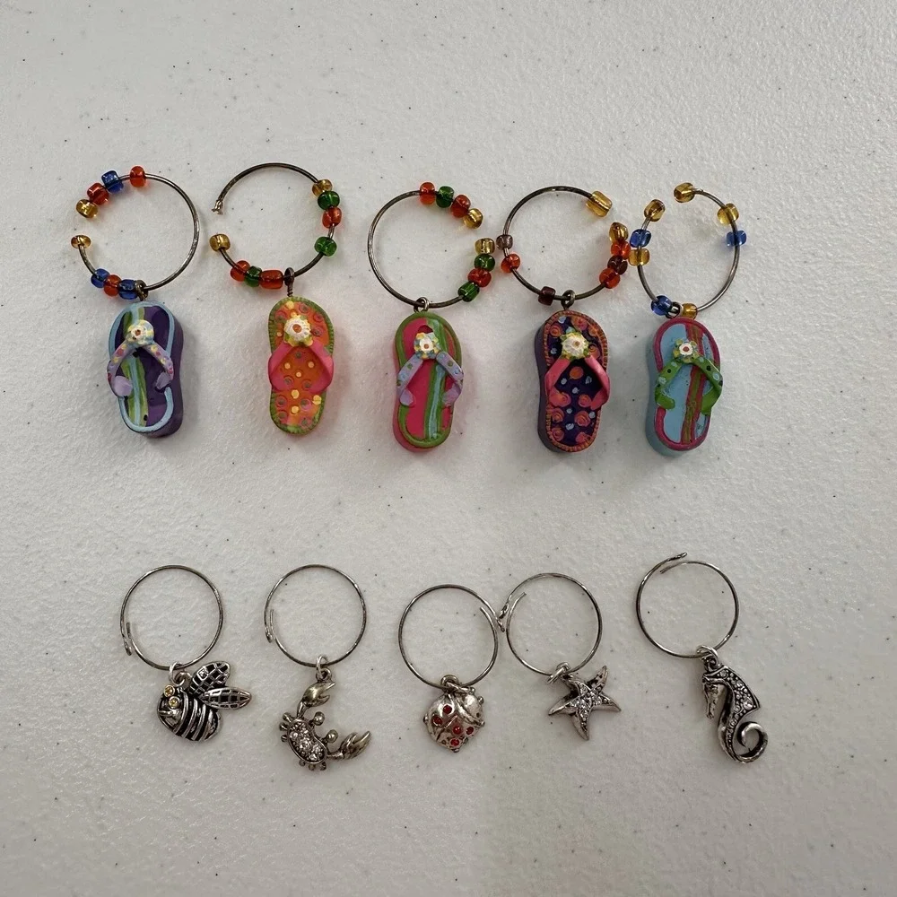 Wine Glass Charms Set 10 Beach Flip Flops Sea Bee Starfish‎ Drink Identifiers
